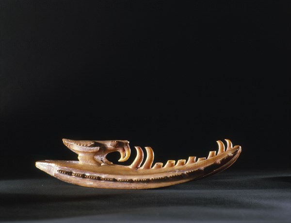 A chevron pendant made from a sperm whale tooth, with a carved parrot on the top