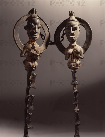 Paired brass staffs, known as edan ogboni which served as insignia for the senior men and women of the Ogboni society