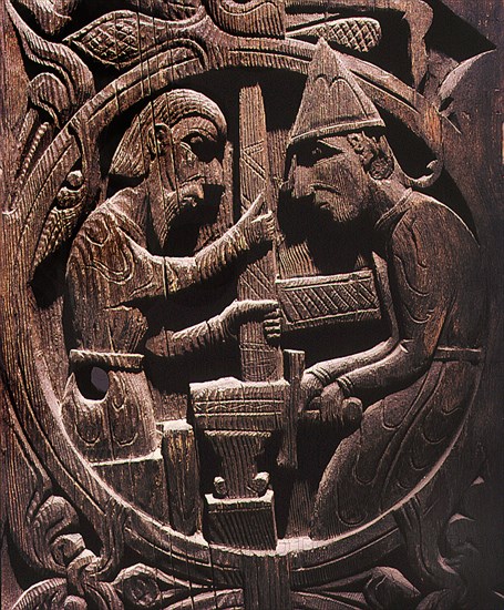 Stave church carving with a scene from the story of Sigurd