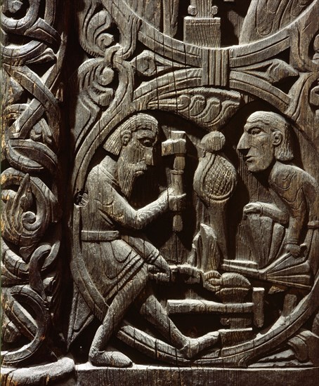 Stave church carving with a scene from the story of Sigurd
