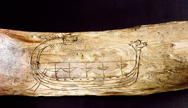 A Norse ship incised on a piece of wood