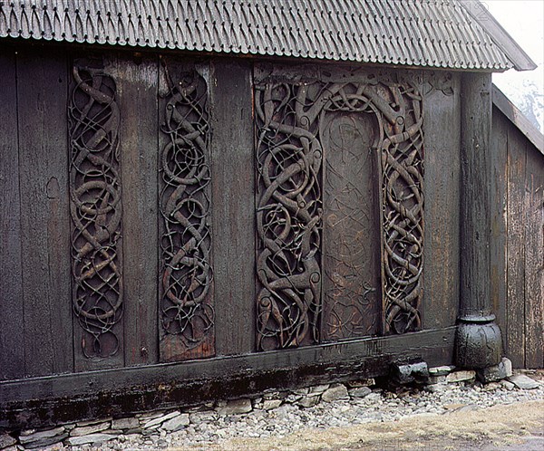 Carving on the  side  of  the  stave church  at  Urnes