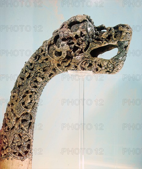 Carved dragon head post from the ship burial at Oseberg