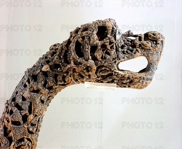 Carved dragon head post from the ship burial at Oseberg