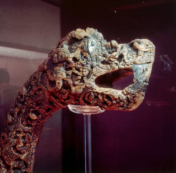 Carved dragon head post from the ship burial at Oseberg