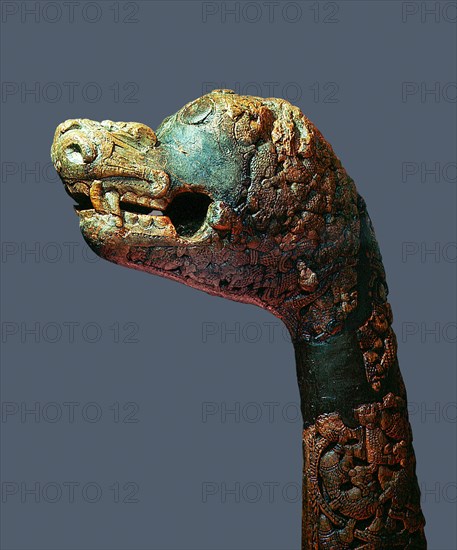 Carved dragon head post from the ship burial at Oseberg