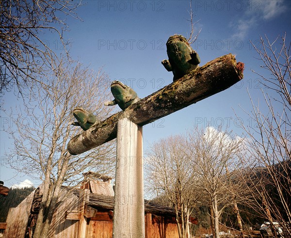Mortuary pole with frog totems