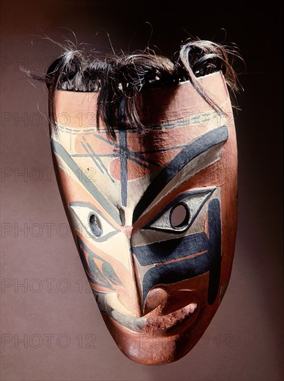 Wooden mask which stylistically appears to be Tsimshian but has also been attributed to the Nootka