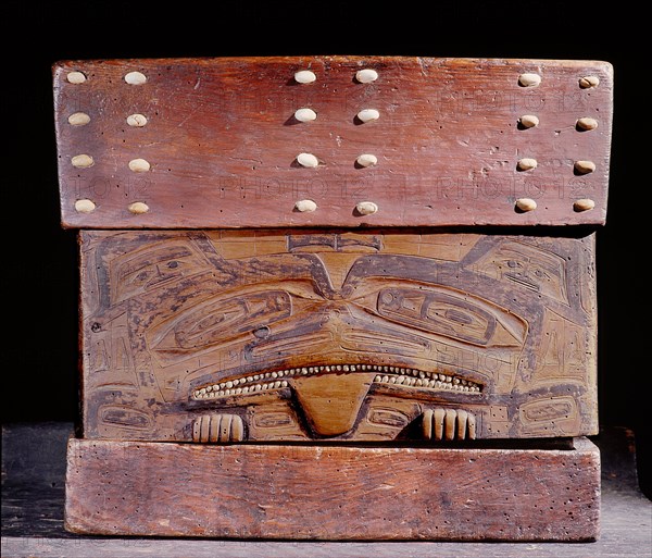 Childs coffin with painted and relief decoration probably representing a bear