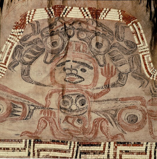 Shamans fringed apron made of double caribou skin and painted in red and black