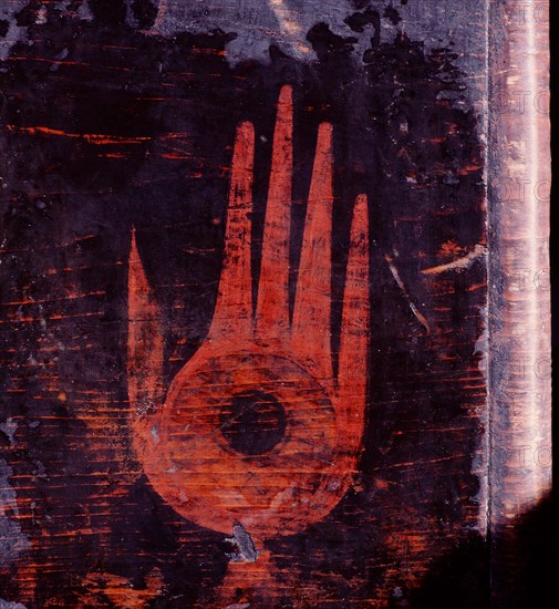 Detail of a shamans storage chest,decorated with a hand symbol