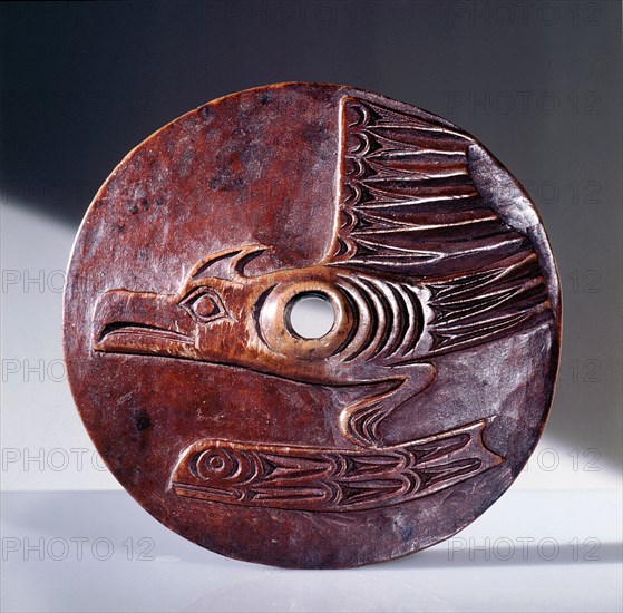 Spindle whorl, used by the Coast Salish during spinning to prevent the wool slipping from the spindle