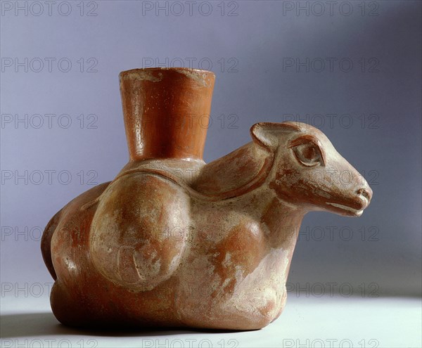 Although this effigy jar has a deer modelled in a style typical of late Mochica, the placement and shape of the broad spout indicate an influence from the Huari of central southern Peru