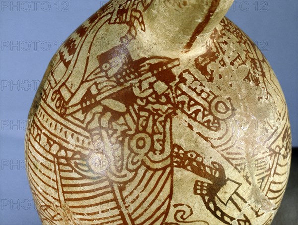 Detail of mythological scene from a late Mochica, stirrup spouted vessel