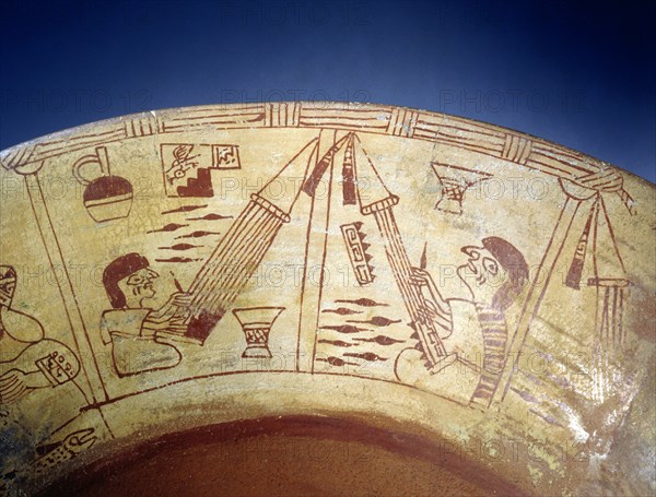 Detail of a painted design from a Mochica vessel showing two weavers using backstrap looms, an ancient technique still in use today throughout the Andean region