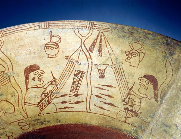 Detail of a painted design from a Mochica vessel showing two weavers using backstrap looms, an ancient technique still in use today throughout the Andean region
