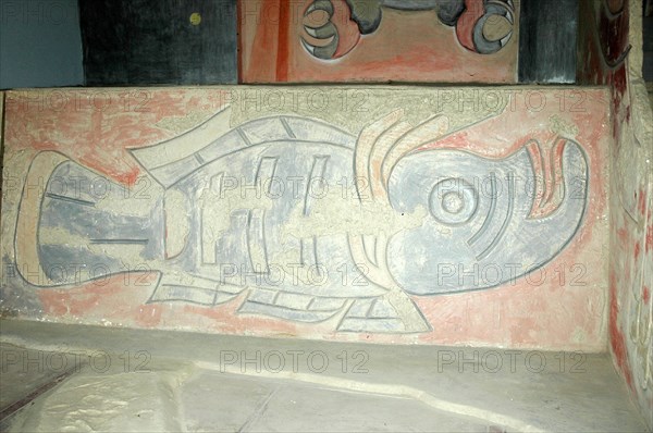 Polychrome mural depicting a fish creature, one of several animal murals which were used as decoration at the main temple of Cerro Sechin