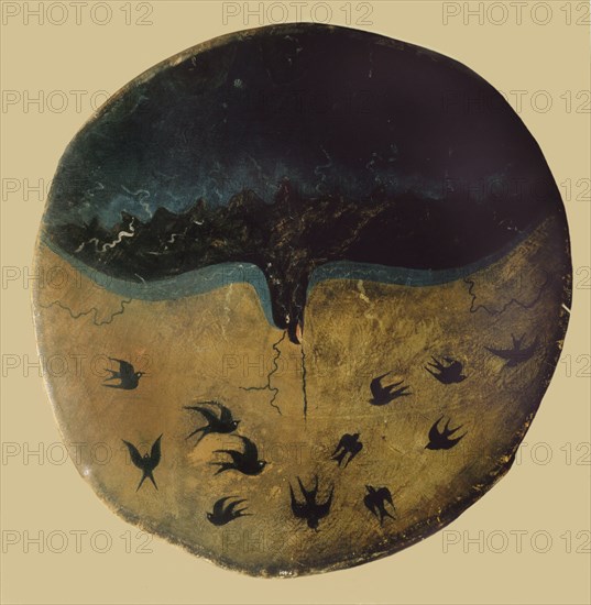 A thunderbird, mythical creator of Plain storms, swoops out of the sky, hurling lightning flashes at darting swallows on this graphic Pawnee ceremonial drum