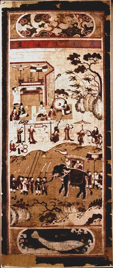 A painted scroll in the Chinese style depicting  the Festive Return of the Civil Servant