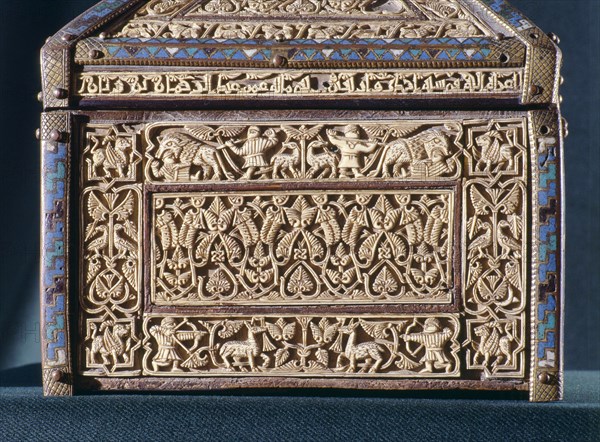 Detail of a casket of wood with gilded leather and ivory plaques