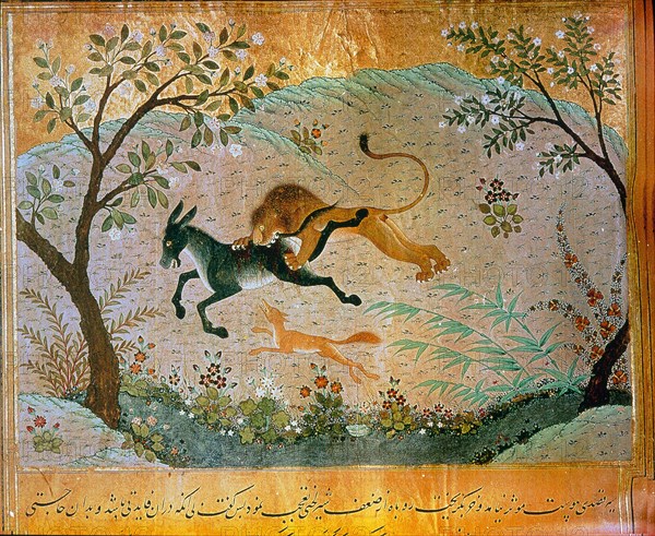 A page from the fables Kalila and Dimna in which the jackal tries to persuade the lion to stop devouring the beast and to devote himself to pious acts