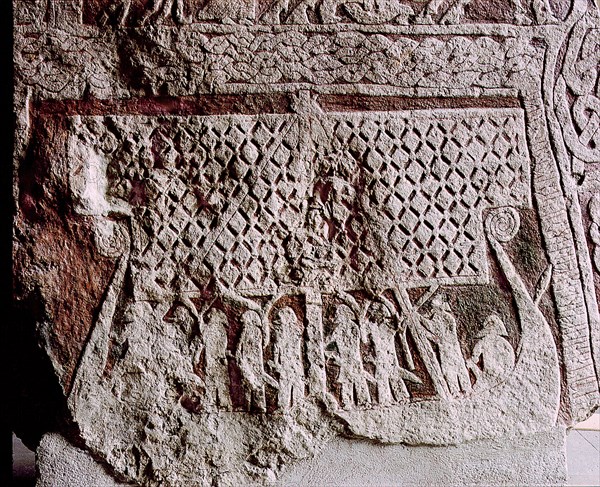 Detail of a carved funerary stone showing a Viking ship