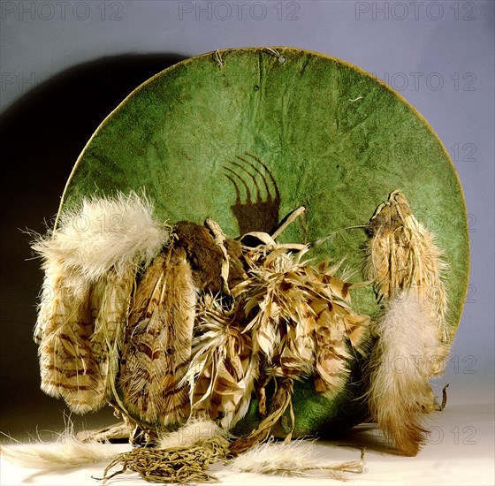 Crow shield made from tough shrunken buffalo skin