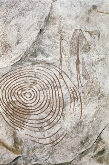 Later Stone Age rock painting interpreted by recent scholars as recording a shamanistic trance dance known as simbo