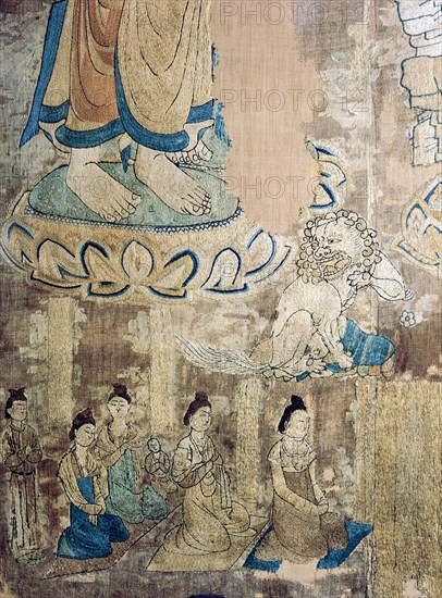 Detail of an embroidered silk banner of the Buddha Sakyamuni preaching on Vulture Peak