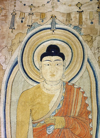 Detail of an embroidered silk banner of the Buddha Sakyamuni preaching on Vulture Peak