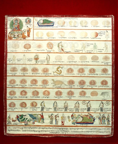 A medical thangka from a version of the commentary on the ancient Four Tantras, the fundamental treatise of Tibetan medicine