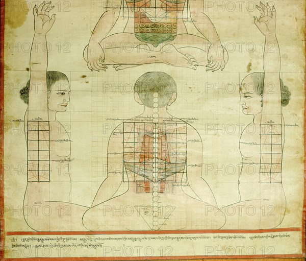 Detail of a medical thangka from a version of the commentary on the ancient Four Tantras, the fundamental treatise of Tibetan medicine