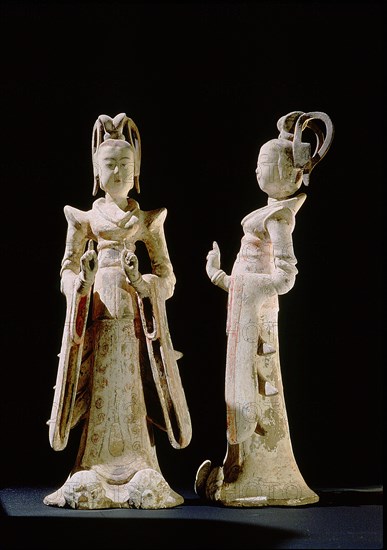 Pottery models of two Tang princesses, embellished with painted and gilded detail