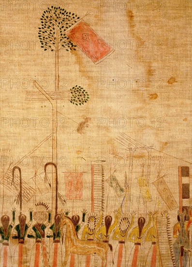 A cloth painting depicting a parade, a Sun Dance ceremony and scenes from daily life
