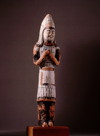 The art of Chinese Central Asia had a distinctive flavour in the Tang dynasty, drawing upon both local Central Asian and metropolitan Chinese styles, as is evident in this painted model of a soldier which was found in a tomb near Turfan