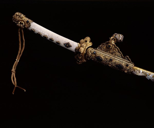 Detail of the scabbard of the courtsword Kazadachi made in deliberate imitation of a sword of the Heian era with elaborate enamel and giltwork