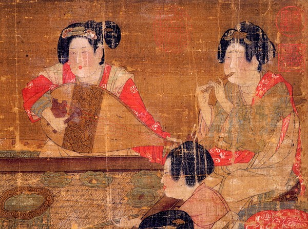 Detail of an anonymous painting Banquet and Concert which depicts elegant ladies of the Tang imperial court enjoying a feast and music