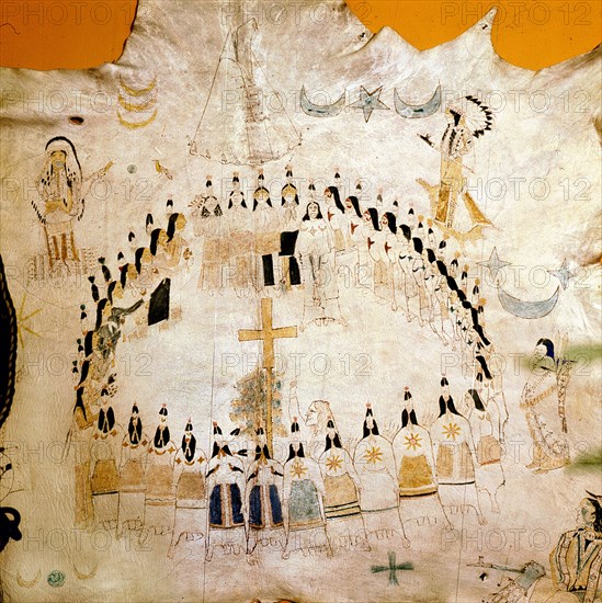 Hide painting with a representation of the Sun Dance which served to thank the sun for past favours and to request renewed protection