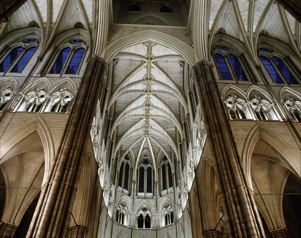 The richly ornamented Gothic vaulting at the intersection of the north and south transepts