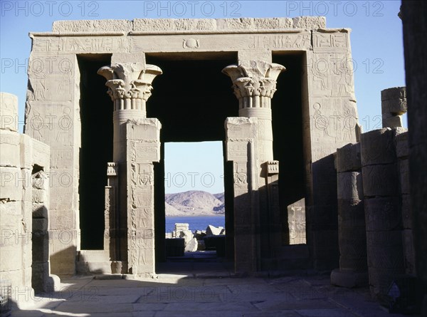 View of the entrance to the temple of Hathor on the island of Philae