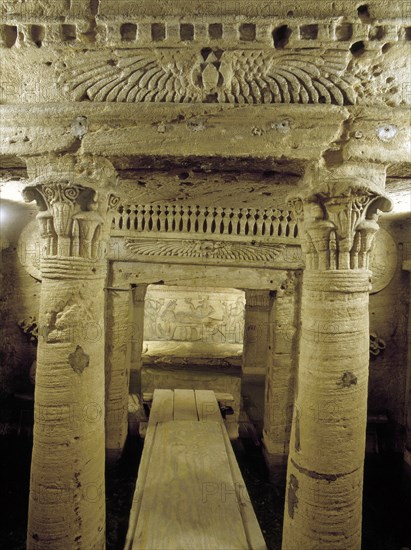 The extensive complex of burial chambers at Kom el-Shuqafa, combining Greek and Egyptian design elements