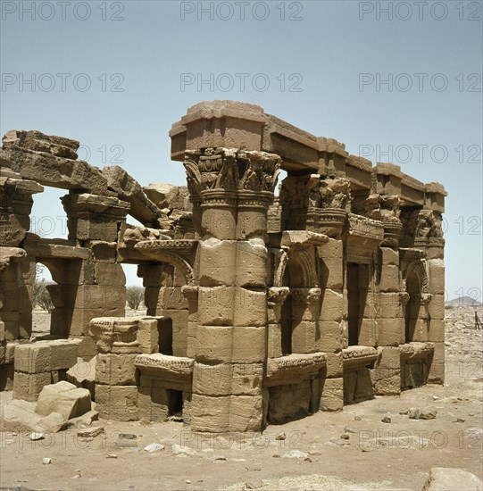 The 'kiosk' or entryway at Naga, part of a Meroitic temple complex, blends local and Graeco-Roman architectural and iconographic features