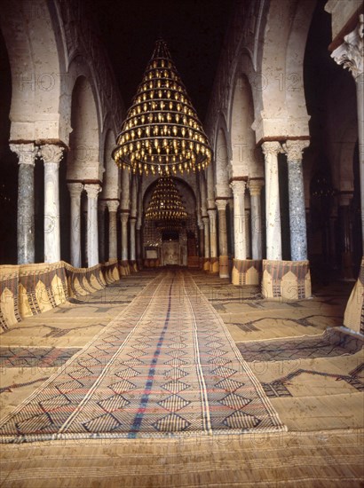 The interior of the Great Mosque at Kairouan, one of the oldest Islamic buildings and the first important onein North Africa