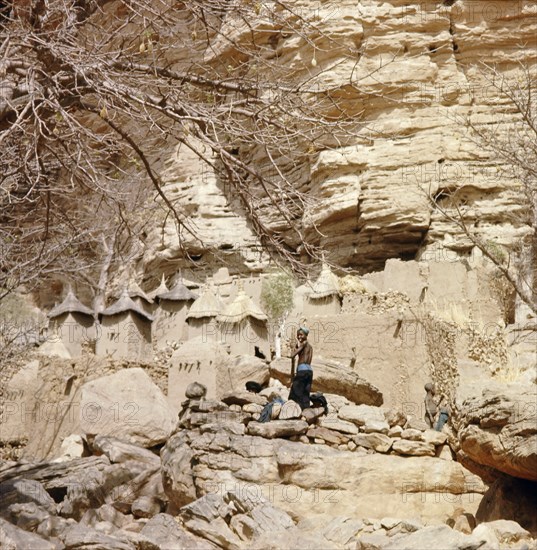 A Dogon village at the foot of the Bandiagara cliffs