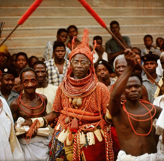 The late Oba Akenzua II in full regalia, including a coral garment and headpiece