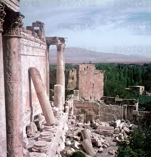 A view towards the temple precinct of Baalbek, the ancient Heliopolis which rose to prominence during the later Hellenistic and Roman period