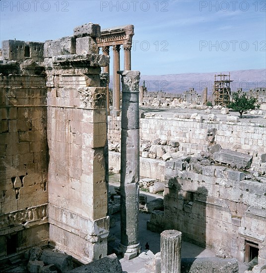 A view towards the temple precinct of Baalbek, the ancient Heliopolis which rose to prominence during the later Hellenistic and Roman period