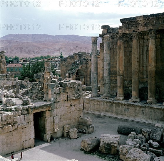 A view towards the temple precinct of Baalbek, the ancient Heliopolis which rose to prominence during the later Hellenistic and Roman period