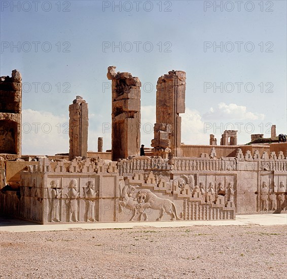 A detail of a relief carving on the staircase leading to the Tripylon at Persepolis, depicting a lion attacking a bull