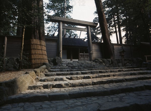 Ceremonial gateway, or torii, to the outermost of the four courtyards surrounding the Ise shrines